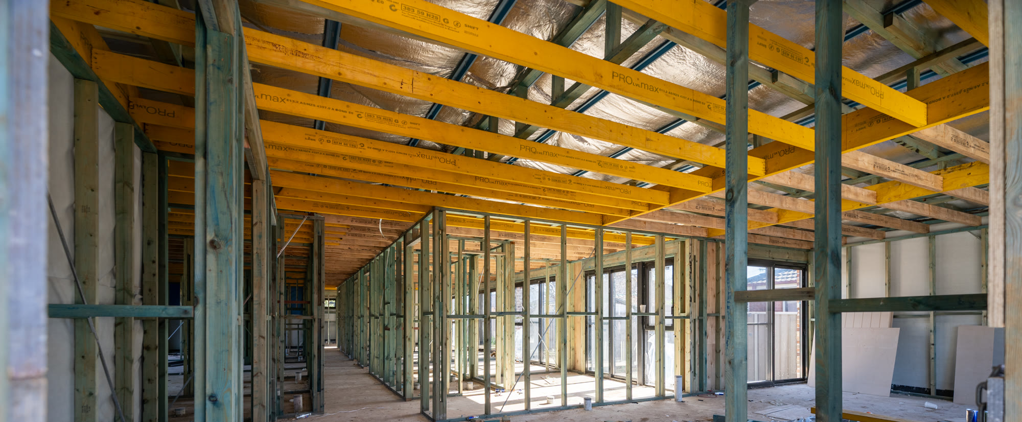 Timber frame standing at frame-stage inspection
